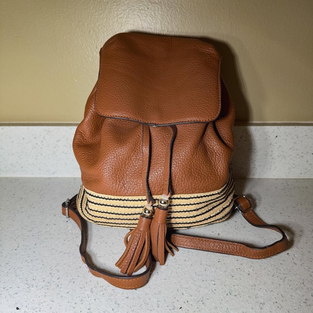 REBECCA MINKOFF Leather Raffia Trim Backpack - Brown